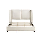 Lit plateforme moderne grand format en tissu résilient, avec tête de lit capitonnée à oreilles.