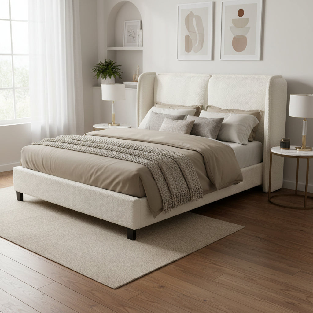Lit plateforme moderne grand format en tissu résilient, avec tête de lit capitonnée à oreilles.