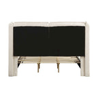 Lit plateforme moderne grand format en tissu résilient, avec tête de lit capitonnée à oreilles.