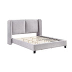 Lit plateforme moderne grand format en tissu résilient, avec tête de lit capitonnée à oreilles.