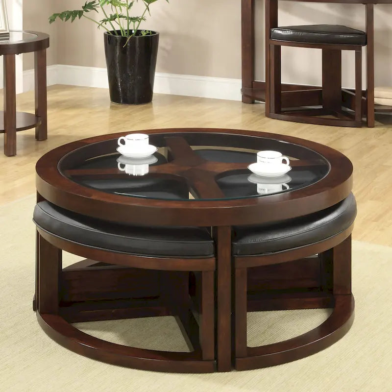 Table basse de transition en noyer, plateau en verre 40 po, 5 pièces avec poufs