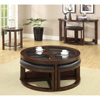 Table basse de transition en noyer, plateau en verre 40 po, 5 pièces avec poufs