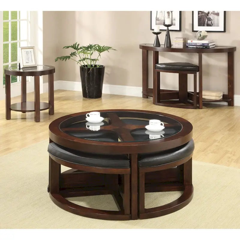 Table basse de transition en noyer, plateau en verre 40 po, 5 pièces avec poufs