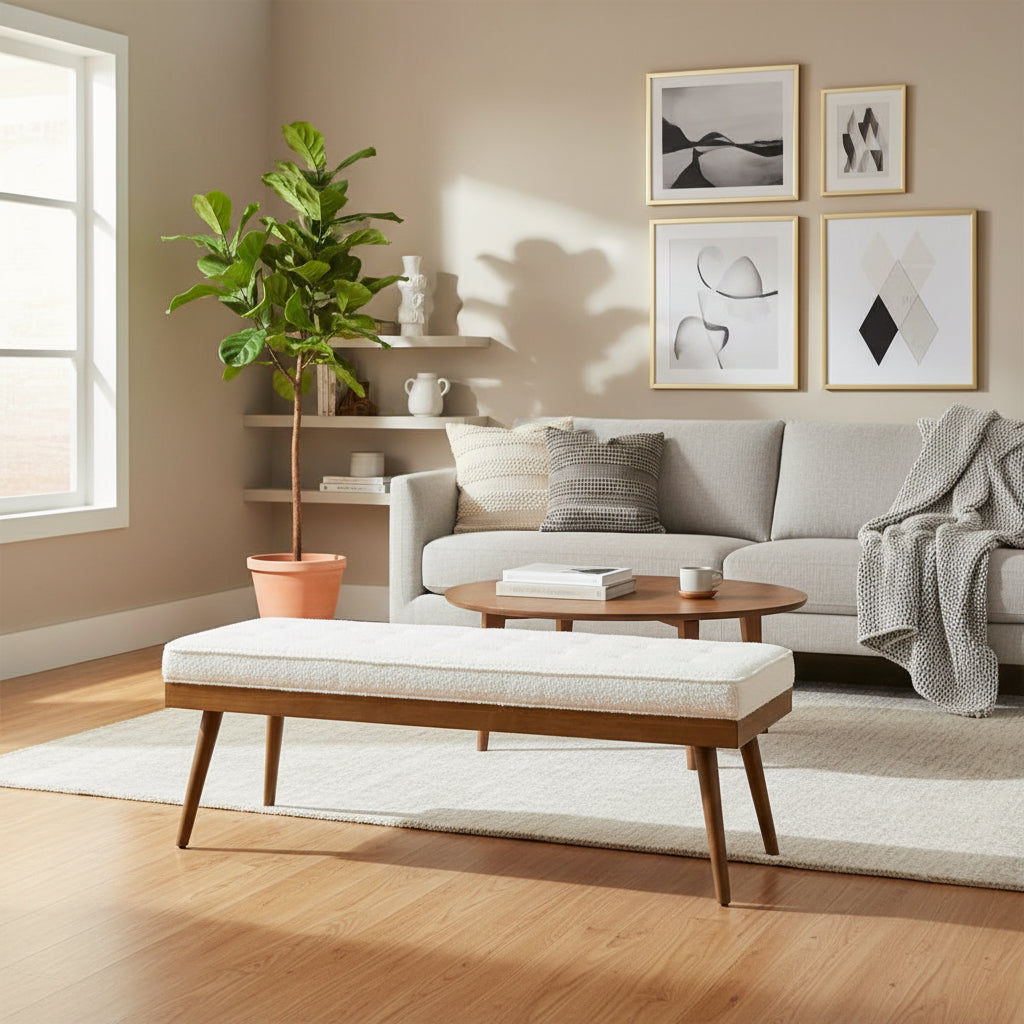 Banc en tissu – Assise capitonnée avec pieds en bois massif