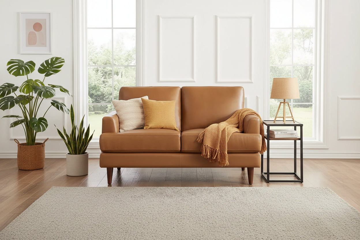 Ivy Living Cassia Top Grain Leather Loveseat with Feather Memory Foam and Springs
