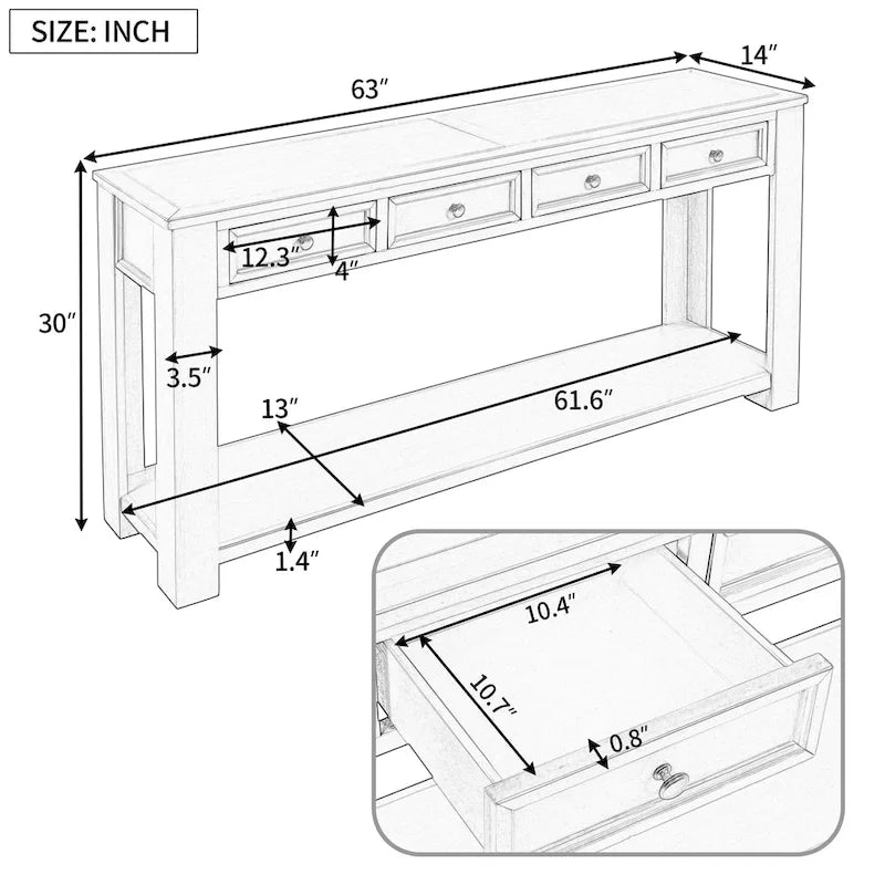 Console/Table de canapé avec tiroirs de rangement et étagère inférieure